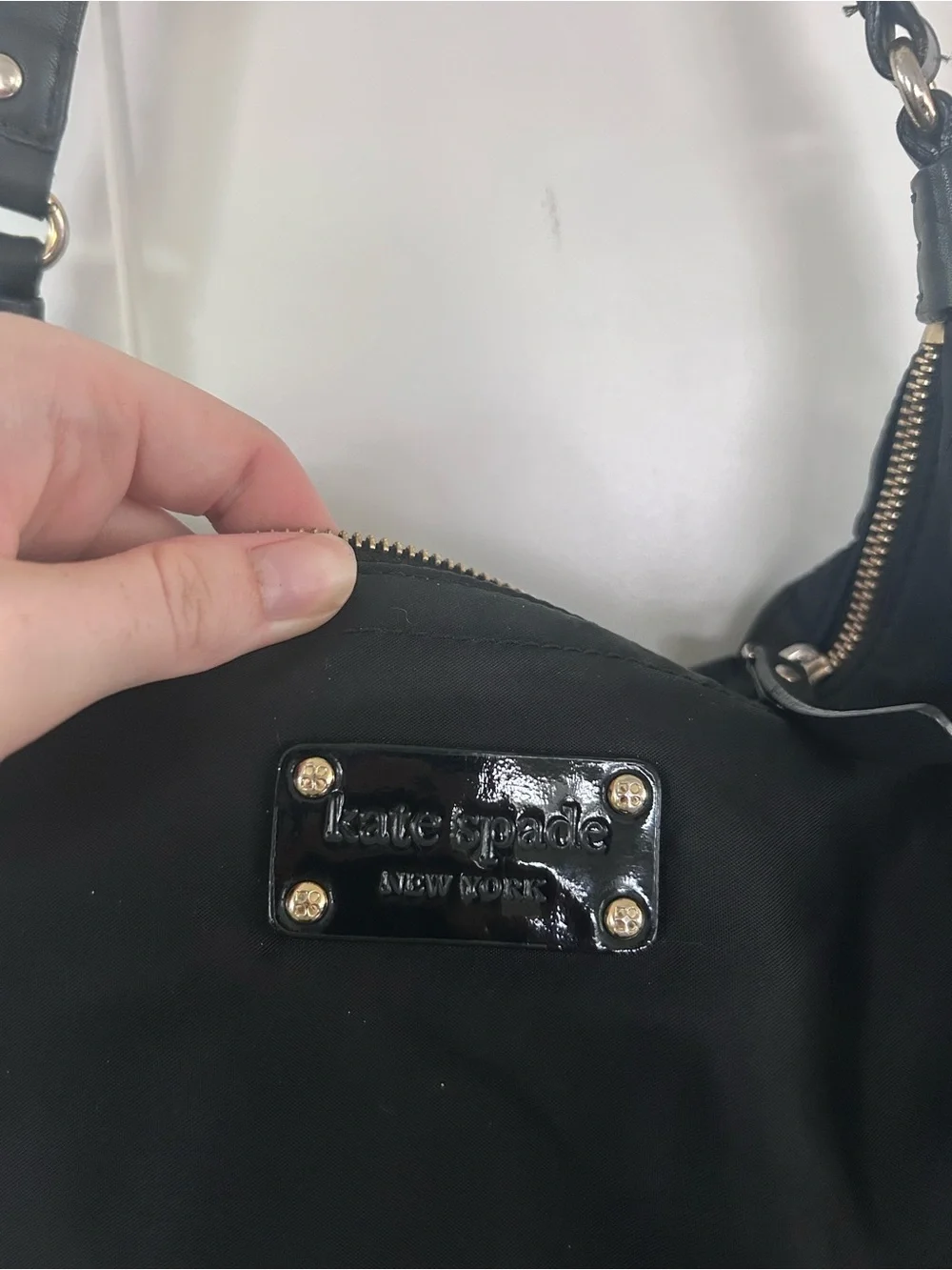 kate spade Black Nylon Shoulder Bag with Leather Straps and Logo Plaque